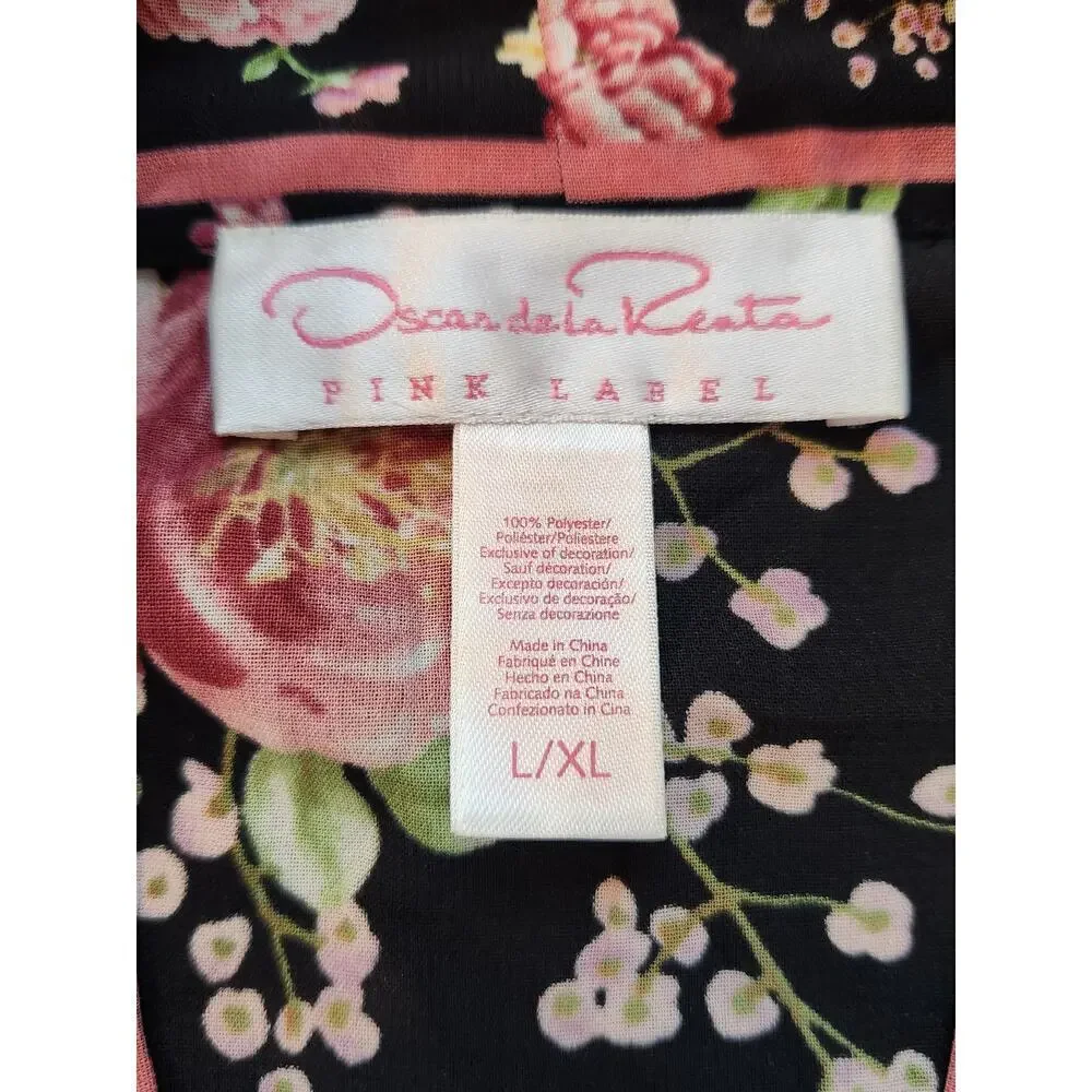 Oscar De La Renta Pink label black pink rose robe sz‎ L/XL kimono floral satin